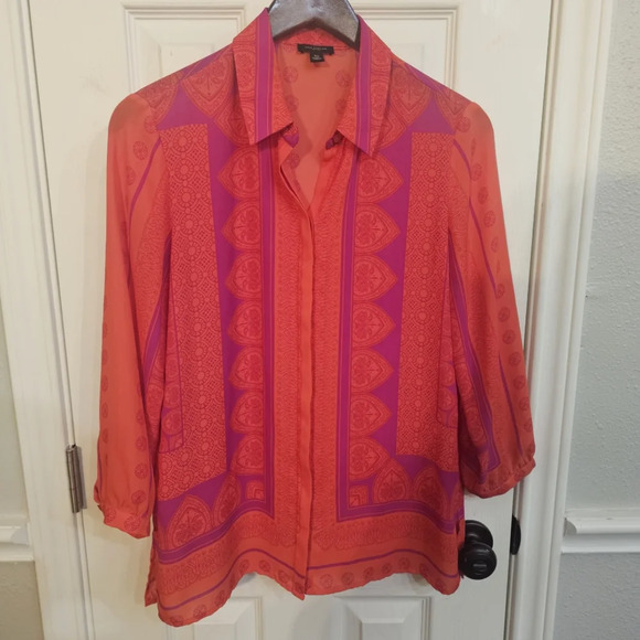 Ann Taylor bright orange and purple button up blouse womens size XS 3/4 sleeve - Picture 1 of 8